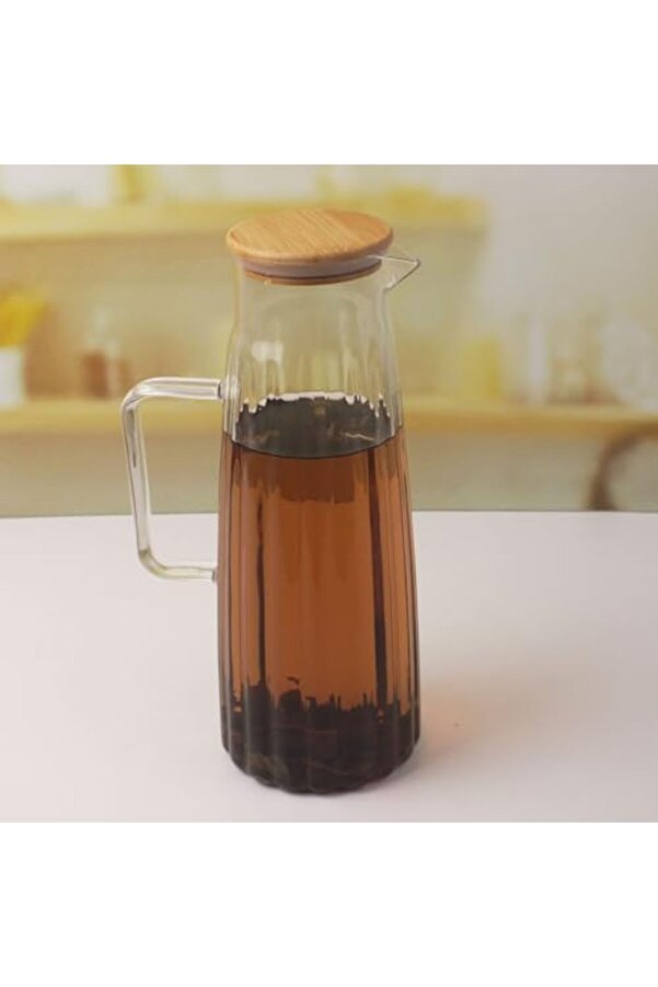 Buyflai̇r Bambu Kapaklı Borosi̇li̇kat Cam Yağdanlık Ve Sürahi̇ | 1000Ml (11X26Cm) Çok Amaçlı İçecek Ve S