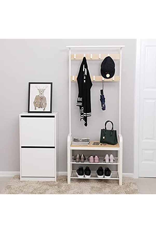 Shopverse ,, 9 Kancalı Askısı, Oturaklı Ayakkabı Askısı, 3 Raf, Yüksekli̇k 183 Cm, Metal, Krem Hsr4