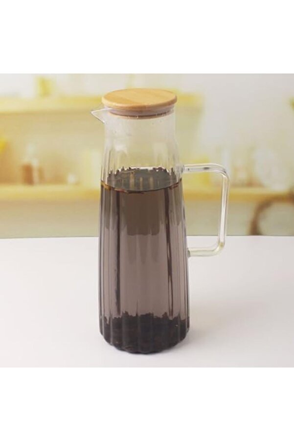 Buyflai̇r Bambu Kapaklı Borosi̇li̇kat Cam Yağdanlık Ve Sürahi̇ | 1000Ml (11X26Cm) Çok Amaçlı İçecek Ve S