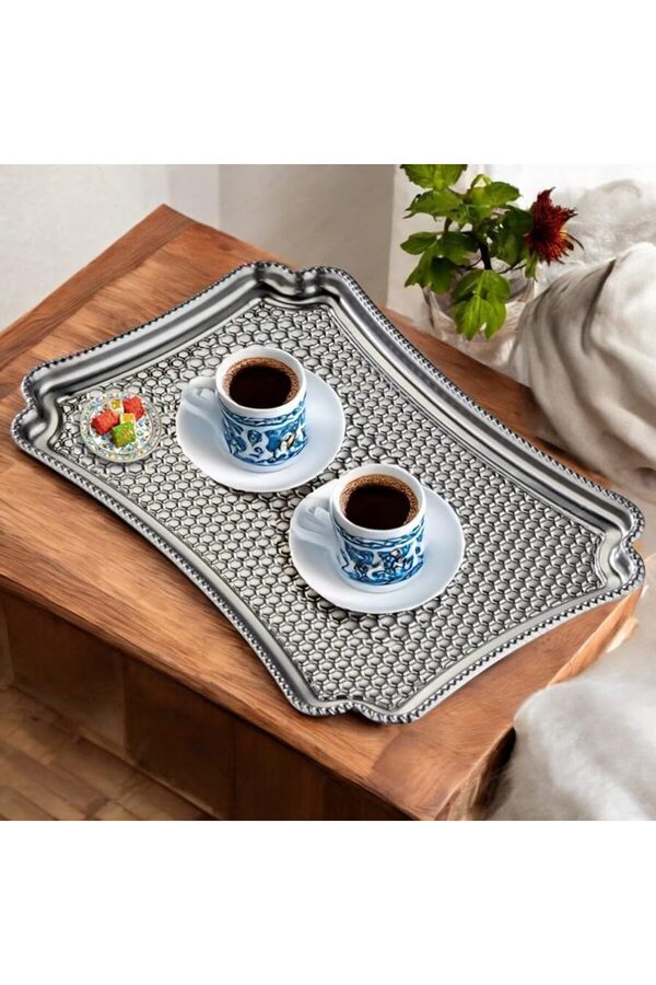 Adet Paslanmaz Çeli̇k Dekorati̇f Servi̇s Tepsi̇si̇, Çeli̇k Tepsi̇, 28X19 Cm, Gümüş Renk, Kahve Çay Sunum Sö