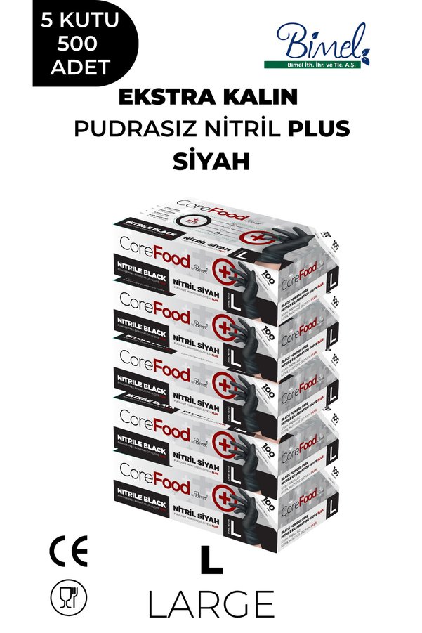 COREFOOD Ekstra Kalın Nitril Siyah Plus Muayene Eldiveni L - 5 Paket 100'lü
