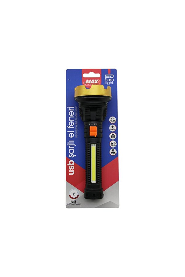 Go İthalat Orta=19Cm 2İn1= Osl Led - Cob Led Usb Şarjlı El Feneri̇ 3-Kademe Işık - Flaşör Şarj Gösterge (5250)