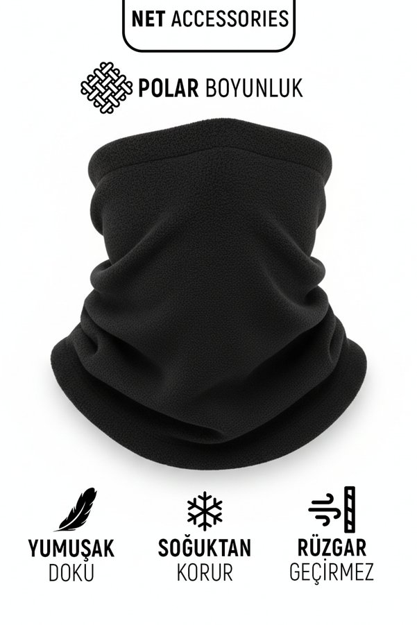 Net Tekstil Siyah Termal Polar Soğuk Geçirmez Boyunluk Unisex Pamuklu Kışlık Ayarlanabilir İpli Bere