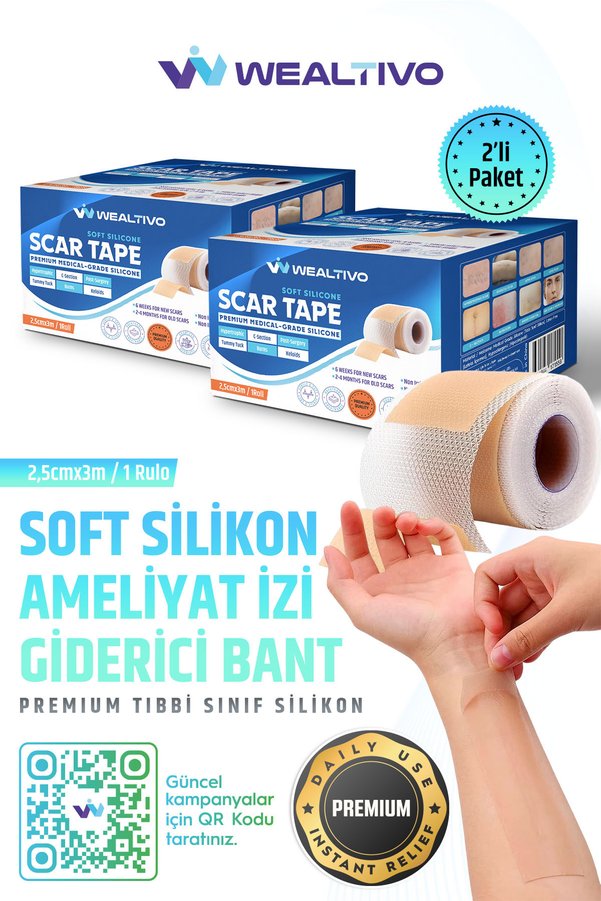 Wealtivo Premium Soft Silikon Yara İz Giderici Bandı %93 Etkili 2’li Set 6m - Keloid/Ameliyat/Sezaryen/Skar