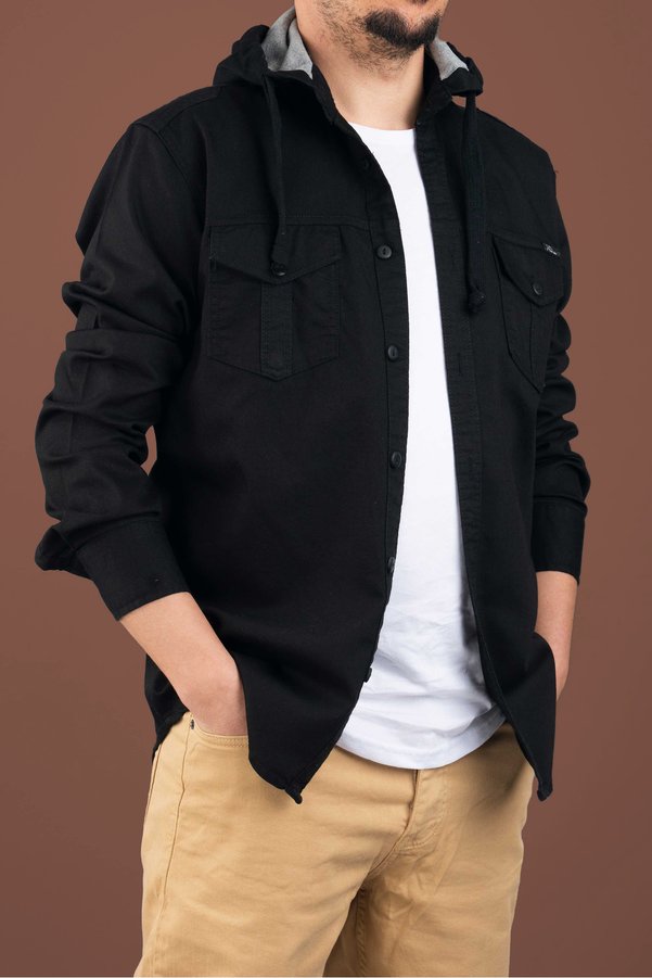 bombe Erkek Slim Fit Kapüşonlu Kot Gömlek Siyah