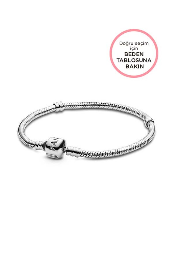 Pandora Moments Düz Klipsli 925 Ayar Gümüş Yılan Zincir Bileklik Charm Uyumlu Klasik