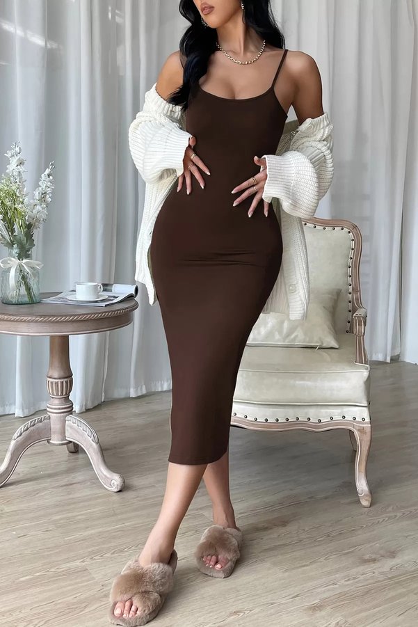 Zikuv Giyim Ve Moda Tasarım Kahverengi Yırtmaçlı Diz Altı Vücudu Saran Elbise