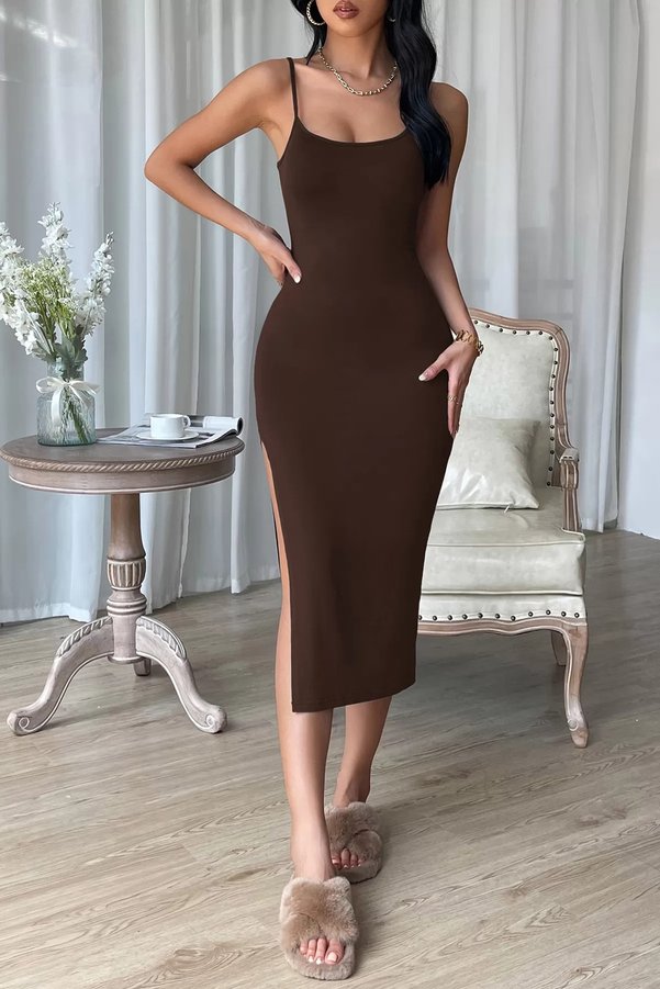 Zikuv Giyim Ve Moda Tasarım Kahverengi Yırtmaçlı Diz Altı Vücudu Saran Elbise