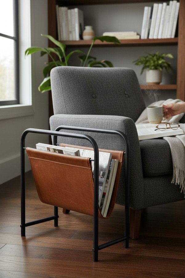 baresmu Alpa Deri Kumaşlı Dergilik Kitaplık Plaklık – Metal Çerçeveli Modern Gazetelik / Organizer
