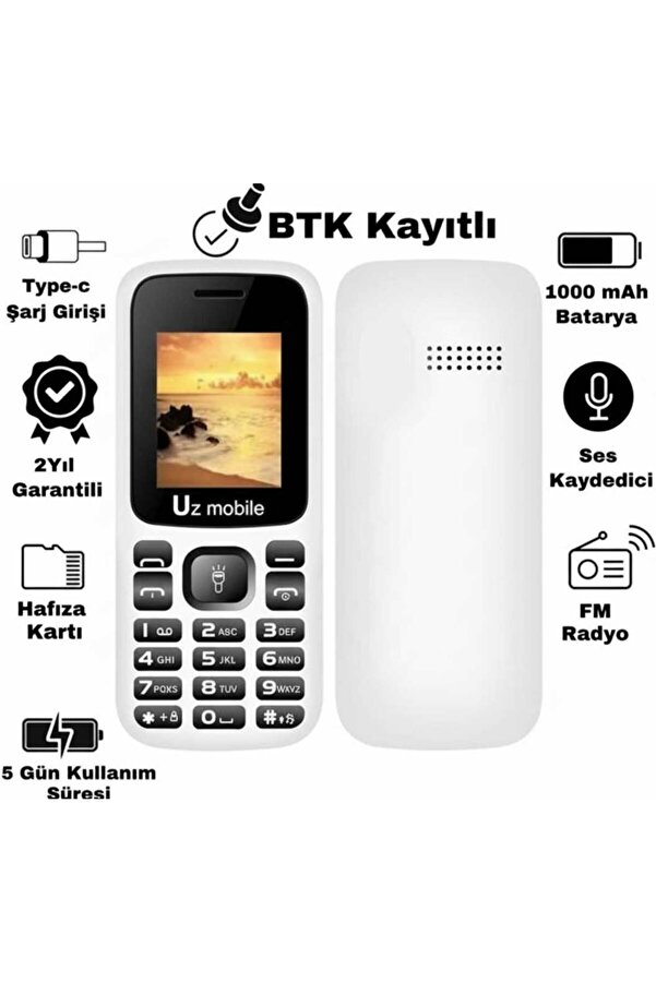 UZ MOBİLE Tuşlu Telefon - Asker Telefonu - Yerli Üretim UZ Türkiye Garantili Beyaz
