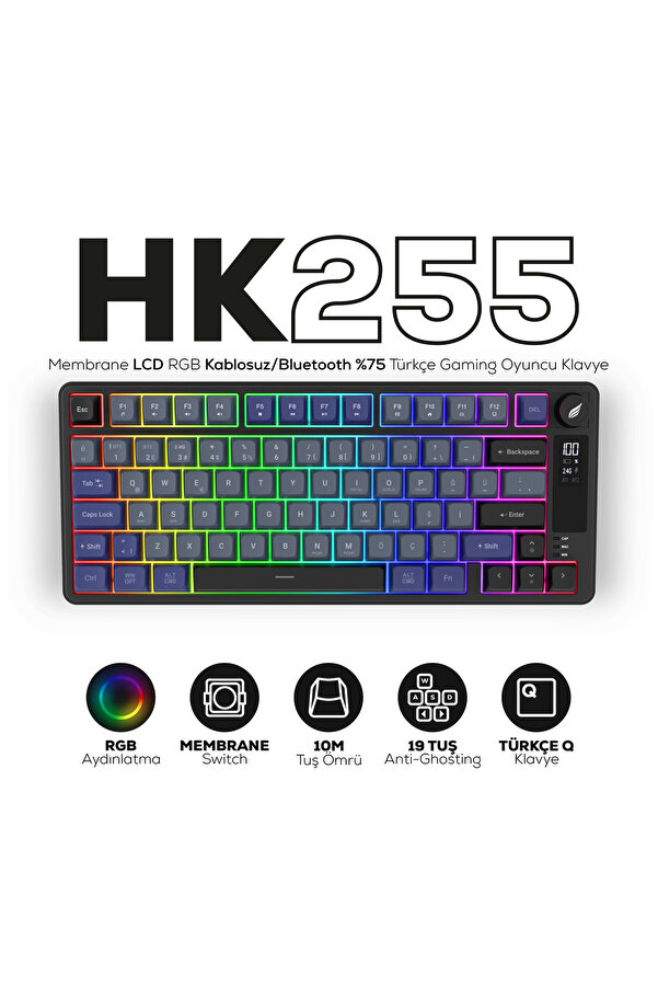 Hawk Gaming Chair HK255 Membrane LCD RGB Kablosuz/Bluetooth Gri Mor %75 Türkçe Gaming Klavye