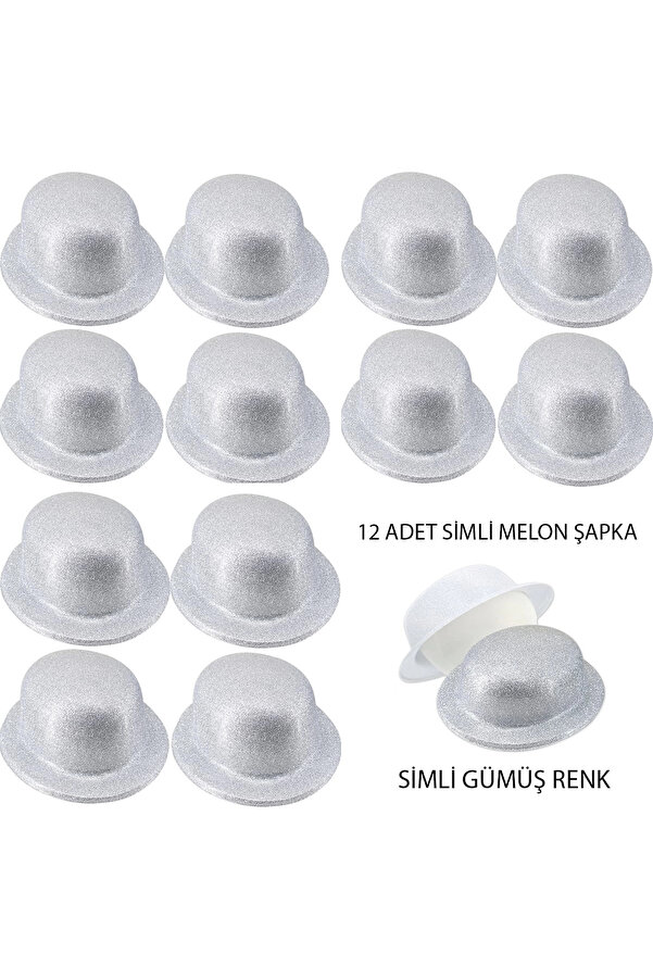 Evi̇mdeyokyok Gümüş Renk Si̇mli̇ Melon Yuvarlak Parti̇ Şapkası 12 Adet