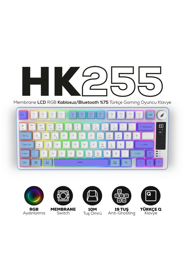Hawk Gaming Chair HK255 Membrane LCD RGB Kablosuz/Bluetooth Mavi Mor %75 Türkçe Gaming Oyuncu Klavye