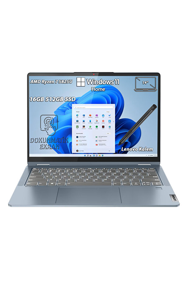 Lenovo IdeaPad Flex 5 14ABR8 AMD Ryzen 7 5825U 16GB 512GB SSD 14" Wuxga Dokunmatik W11H 82XX00FKTX + Kalem