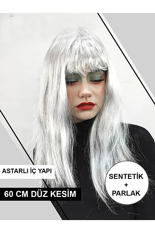 Evi̇mdeyokyok Plati̇n Gri̇ Gümüş Renk Uzun Parti̇ Peruğu Uzun Takma Peruk