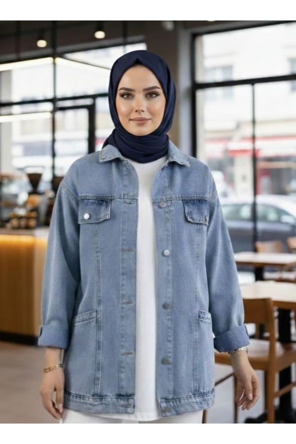 Hb Harma Time Butik Kadın Cep Detaylı Denim Kot Mavi Ceket