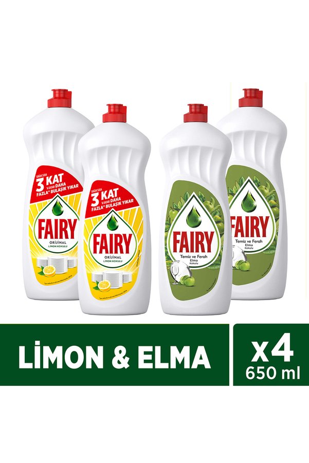 Fairy Sıvı Bulaşık Deterjanı 4'lü Paket: Limon 650 ml x2 & Elma 650 ml x2