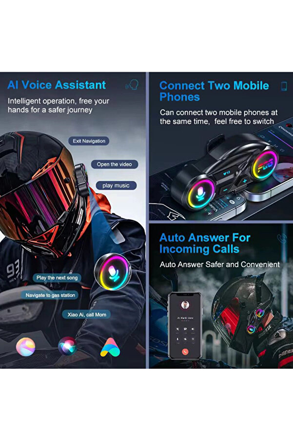 Evimdeyokyok Y13 Motor Kask Kulaklık Rgb Modlu Radyolu Motosiklet Kulaklık 5.3 Bluetooth Intercom