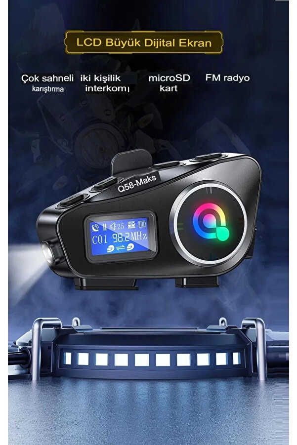 Evimdeyokyok Q58-Max Radyolu 2 Kişi Bağlantılı Bluetooth Kask Kulaklık Ekranlı Fenerli Müzik Ve Telsiz Intercom