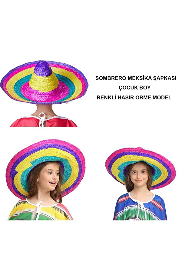 Evi̇mdeyokyok Sombrero Meksi̇ka Şapkası Renkli̇ Örme Hasır Çocuk Boy