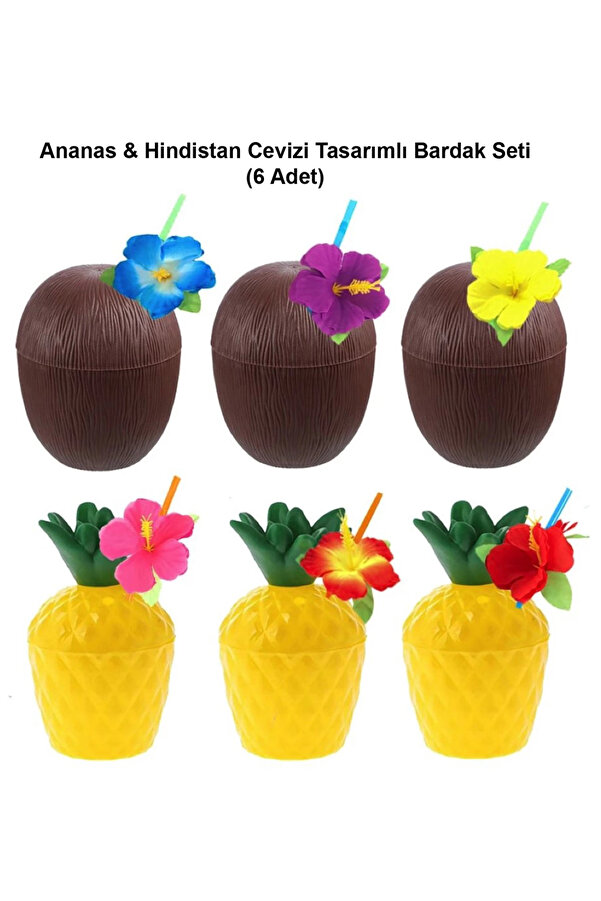 Evi̇mdeyokyok Ananas Hi̇ndi̇stan Cevi̇zi̇ Tasarımlı Pi̇petli̇ Bardak Seti̇ (6 Adet)