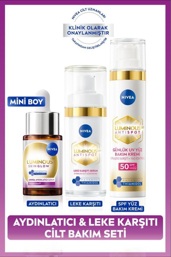 NIVEA Luminous630 Skin Glow Aydınlatıcı Serum 15ml Leke Karşıtı Serum ve SPF50 Yüz Güneş Kremi 40ml