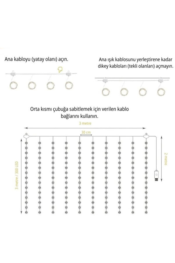 Evimdeyokyok Lw-7 300 Ledli 10 Sarkıt Perde Led Işık, 8 Modlu Uzaktan Kumandalı, 3X3 Metre Peri Telli Led
