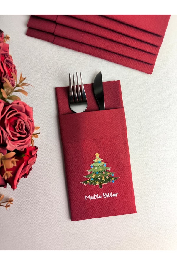 NapkinStore Kumaş Dokulu Yılbaşı Ağacı baskılı Bordo Cepli Peçete 6'lı