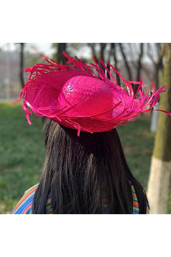 Evi̇mdeyokyok Tropi̇kal Parti̇ Pembe Fuşya Hasır Hawai̇i̇ Şapkası 13X36 Cm