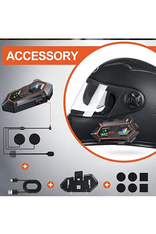 Evimdeyokyok Y20 2X 1000M Telsiz Mesafeli 2 Kişi Bağlantılı Bluetooth Kask Kulaklık Fenerli İntercom