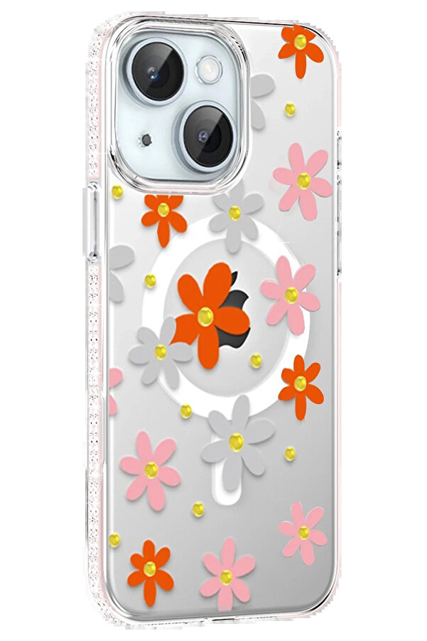Buti̇k Apple İphone 14 Floral Magsafe Kapak - Turuncu-(5796)