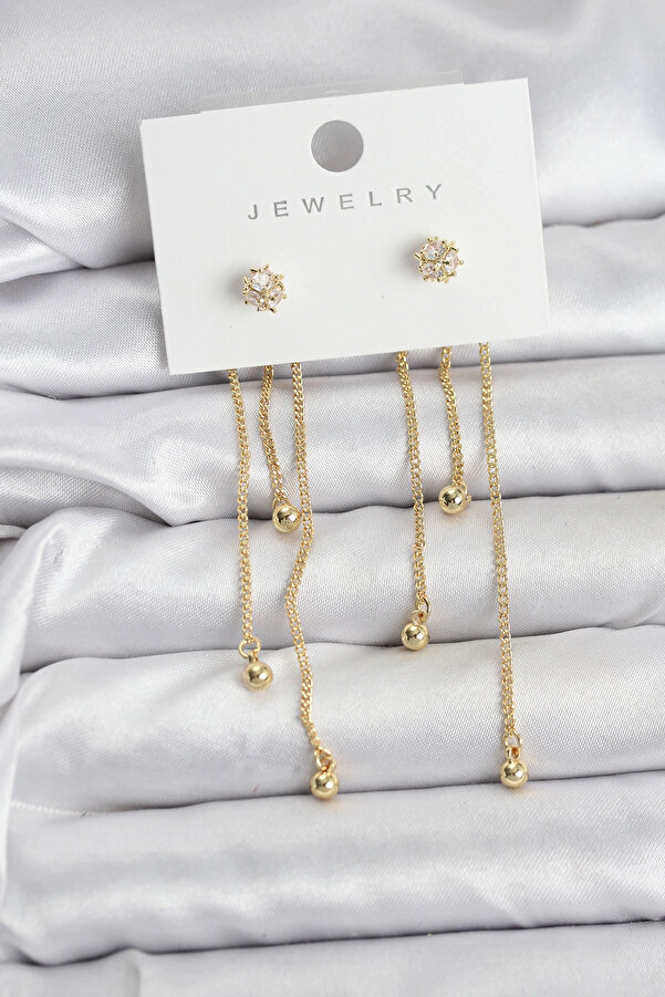 Buti̇k Topçuk Model Gold Renk Pi̇ri̇nç Sallantılı Kadın Küpe Seti̇