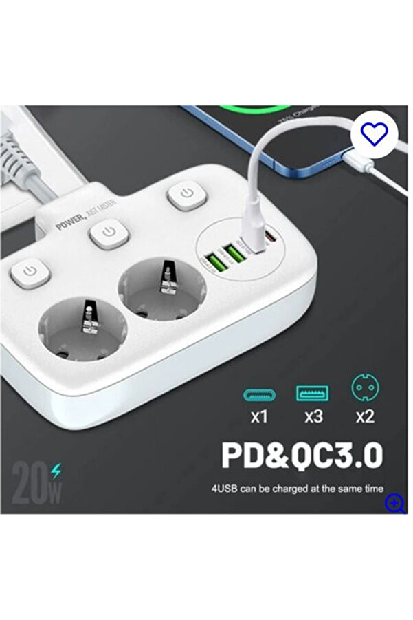 Evimdeyokyok Akım Korumalı 2’Li Ayrı Anahtarlı Priz, 2X Priz, 3X Usb, 1X Type-C, 2 Mt Kablo, Hızlı Şarj