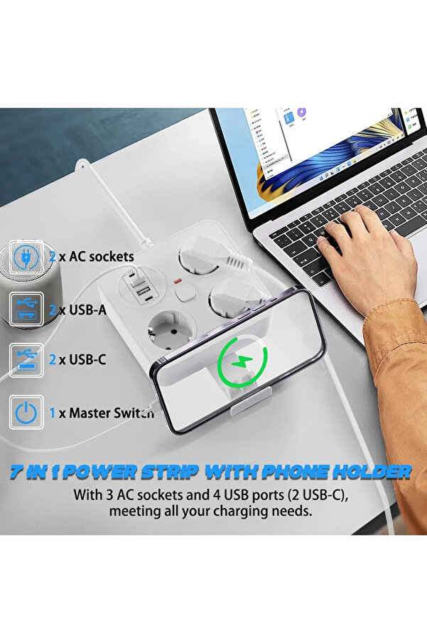 Evimdeyokyok Akım Korumalı Anahtarlı Priz - 3X Priz - 2X Usb - 2X Type-C - 2 Mt Kablo Hızlı Şarj Özellikli Siyah