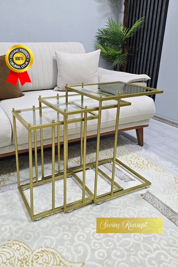 SEVİNÇ KONSEPT 3'lü Gold Tekerlekli C Sehpa Şeffaf CAM Güvenilir 6 mm Kalın Camlı Çok Amaçlı Metal Zigon Sehpa