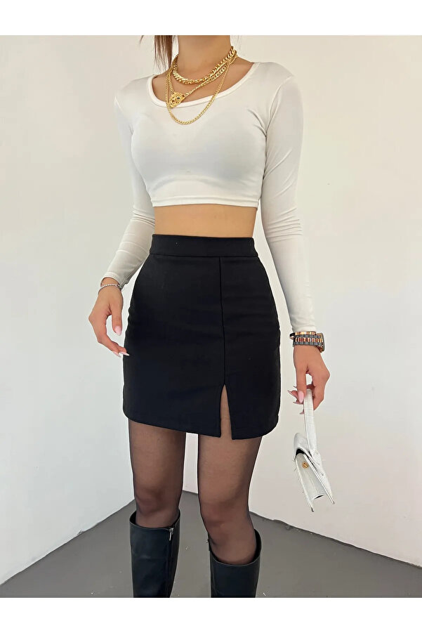 Genel Markalar 10 Numara Moda Kadın Siyah Esnek Kumaş Yırtmaçlı Mini Etek 10NMR4171