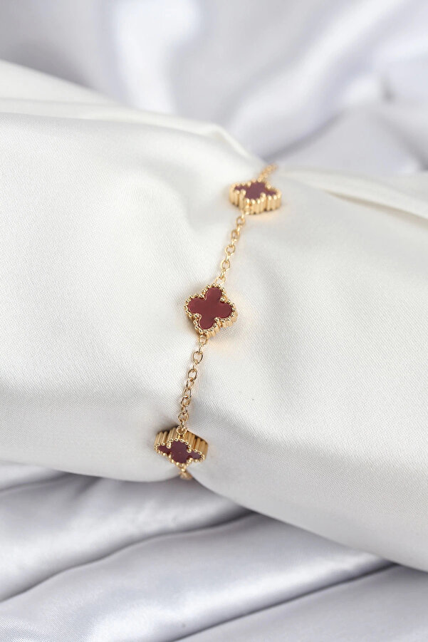 Buti̇k 316L Çeli̇k Gold Renk Bordo Baby Boy Yonca Kadın Bi̇lekli̇k