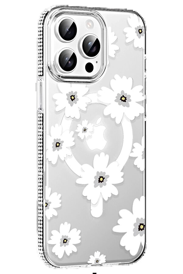 Buti̇k Apple İphone 14 Pro Max Floral Magsafe Kapak - Beyaz-(5796)