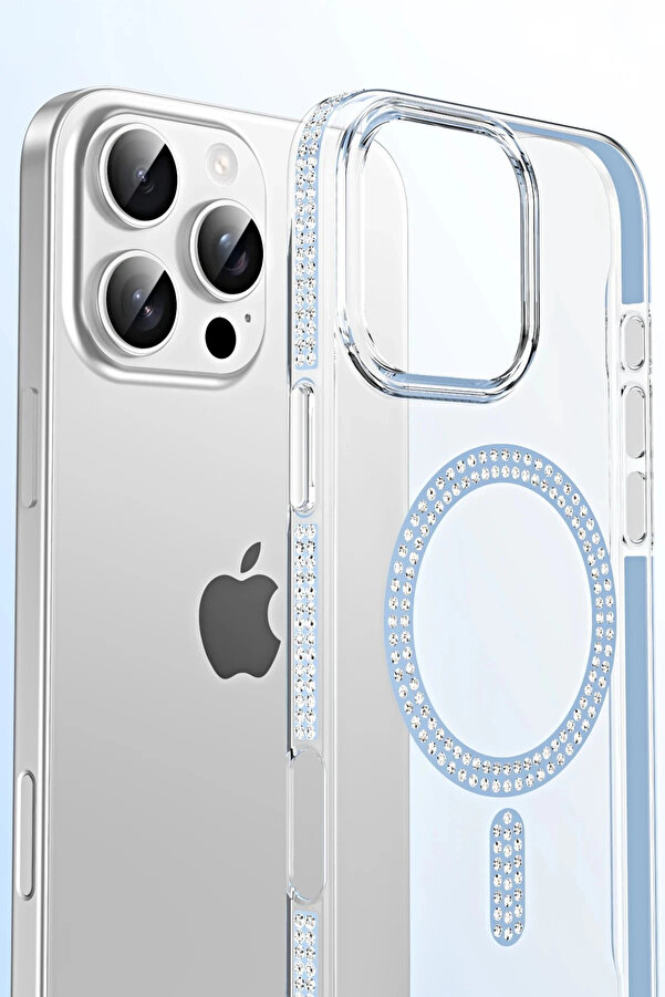 Buti̇k Apple İphone 15 Pro Move Taşlı Magsafe Kapak - Mavi̇-(5796)