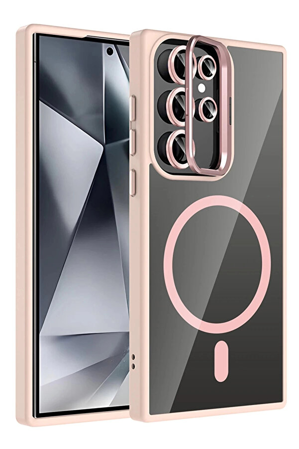 Buti̇k Samsung Galaxy S23 Ultra Remi̇m Lensli̇ Magsafe Standlı Kapak - Pembe-(5796)