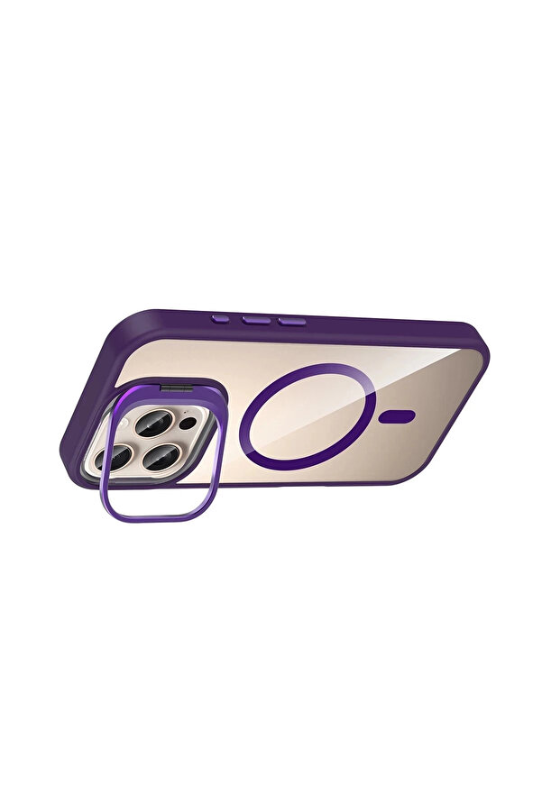 Buti̇k Apple İphone 16 Pro Max Remi̇m Lensli̇ Magsafe Standlı Kapak - Deri̇n Mor-(5796)