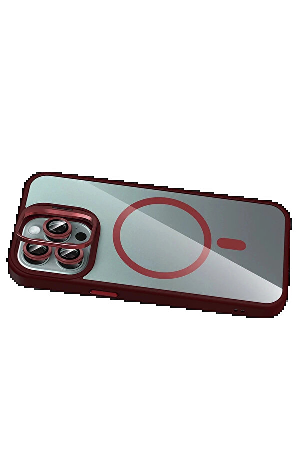 Buti̇k Apple İphone 15 Pro Max Remi̇m Lensli̇ Magsafe Standlı Kapak - Bordo-(5796)