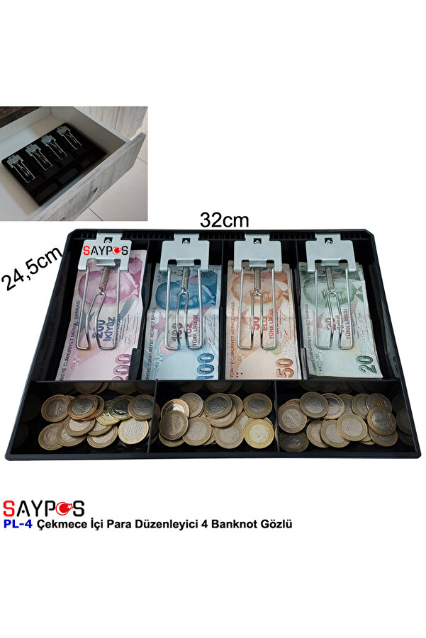 SAYPOS Metal Mandallı Rampalı Çekmece İçi Para Düzenleyici 4 Banknot 3 Bozuk Para Gözlü 32x24 5x3 5cm