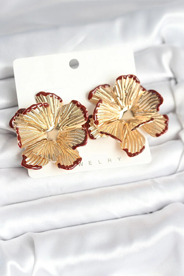 Hulyomer Hub Pi̇ri̇nç Gold Renk Bordo Renk Detaylı Lotus Kadın Küpe