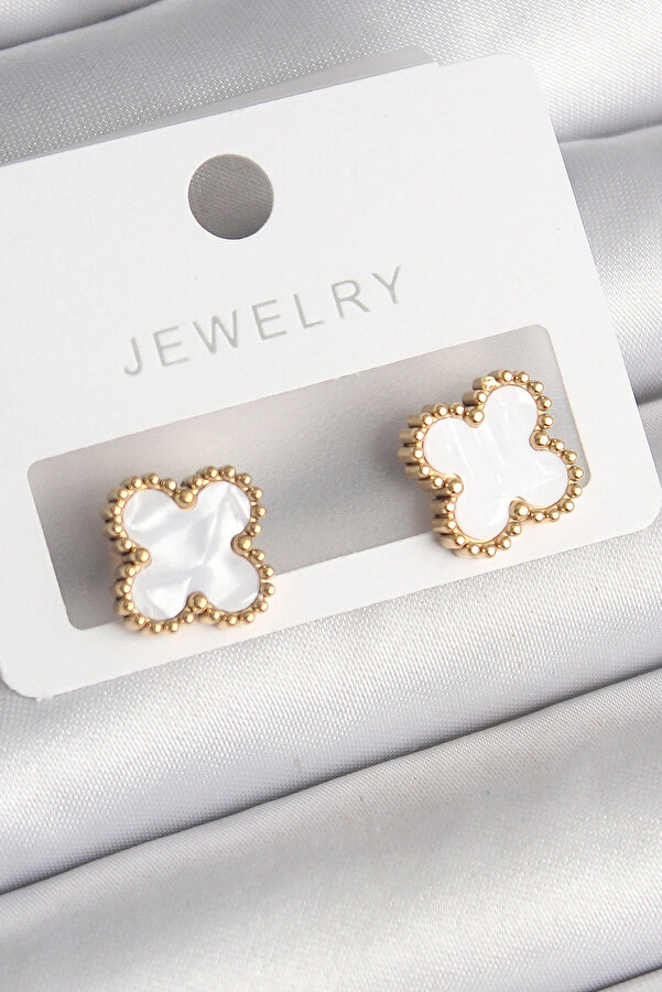 Shopwave 316L Çeli̇k Gold Renk Beyaz Mi̇neli̇k Yonca Model Kadın Küpe