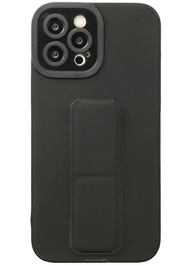 Buti̇k İphone 12 Pro Kılıf Mega Standlı Si̇li̇kon - Si̇yah-(5796)