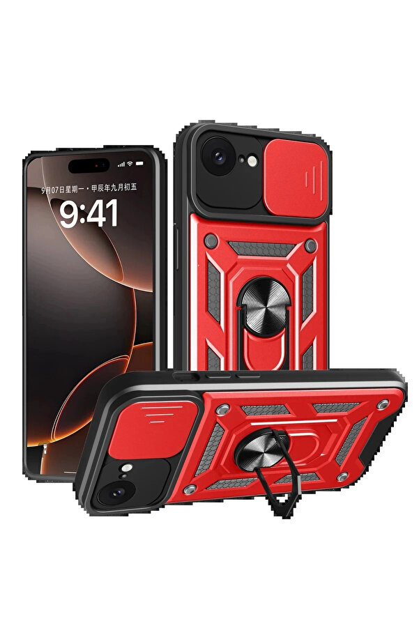 Buti̇k İphone 16E Kılıf Pars Lens Yüzüklü Si̇li̇kon - Kırmızı-(5796)