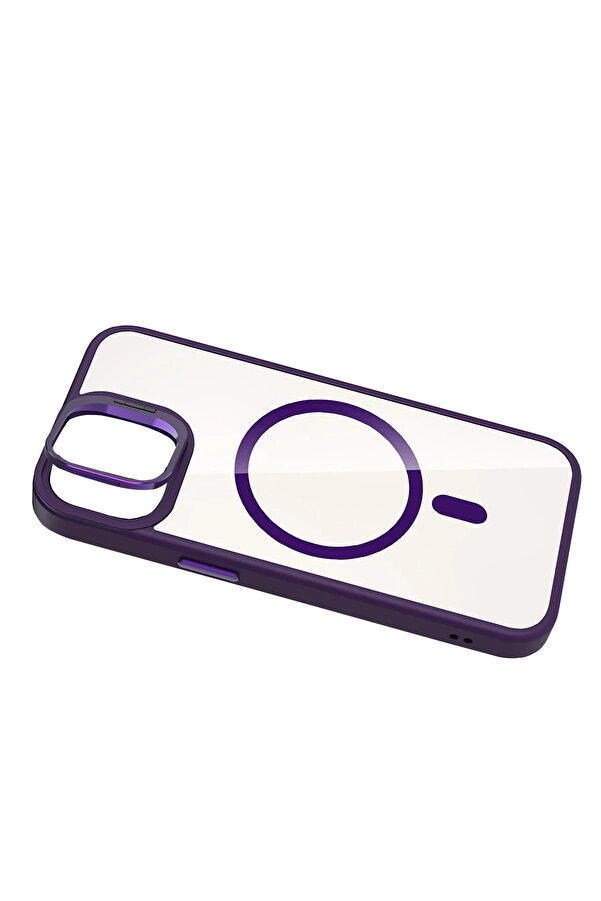 Buti̇k Apple İphone 11 Remi̇m Lensli̇ Magsafe Standlı Kapak - Deri̇n Mor-(5796)