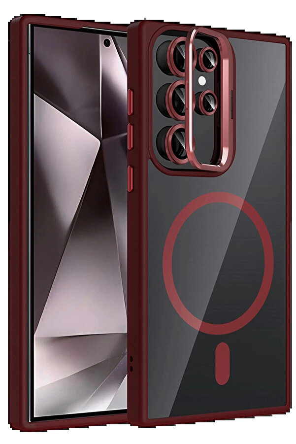 Buti̇k Samsung Galaxy S24 Ultra Remi̇m Lensli̇ Magsafe Standlı Kapak - Bordo-(5796)