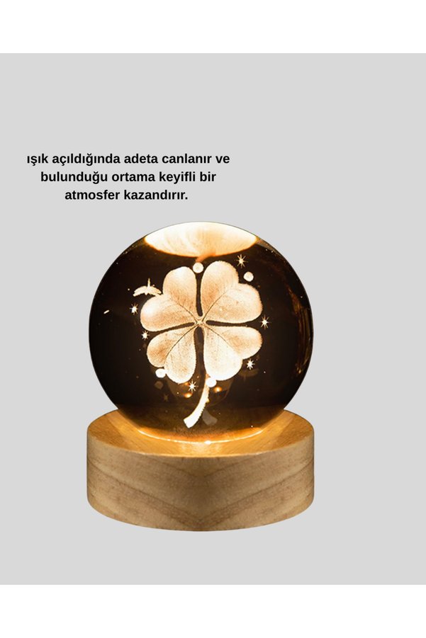Northcity N Yonca Bitki Figürlü Led Işıklı Cam Küre Gece Lambası Ahşap Standlı Dekorasyon